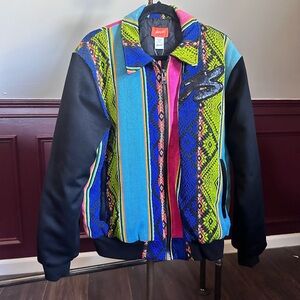 BOSSI cashmere sleeve sequined peace sign woven pattern bomber jacket NWT